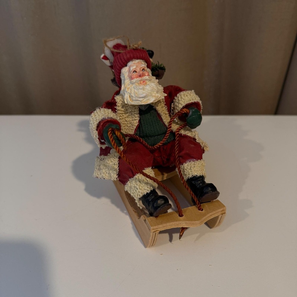 Vintage Style Santa Claus on Wooden Sled Figurine Christmas Holiday Decor Red